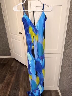 Blue Multi-Color Pleated Maxi Dress